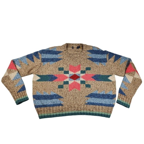 Rare Polo Ralph Lauren Aztec Flower Intarsia Sweater S Beige Multi Unisex  $425 - Picture 4 of 14